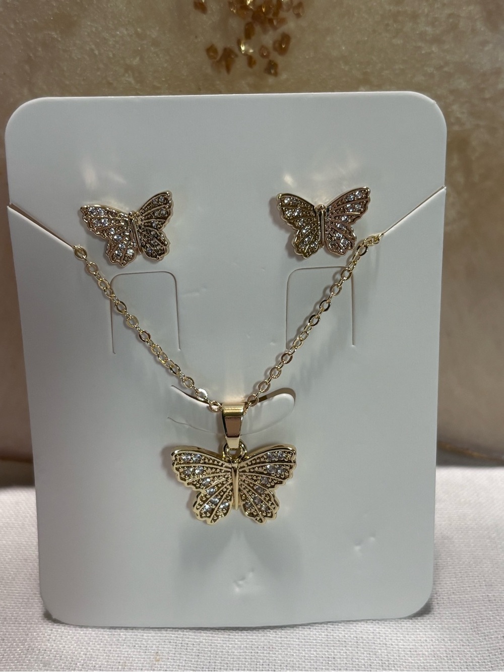 Gold Butterfly Pendant Necklace & Stud Earrings Set